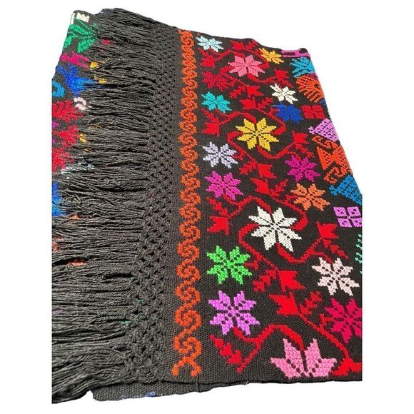 Camelia Mexican Shawl Colorful Embroidery Art Black Floral Peacock Design - Picture 6 of 7